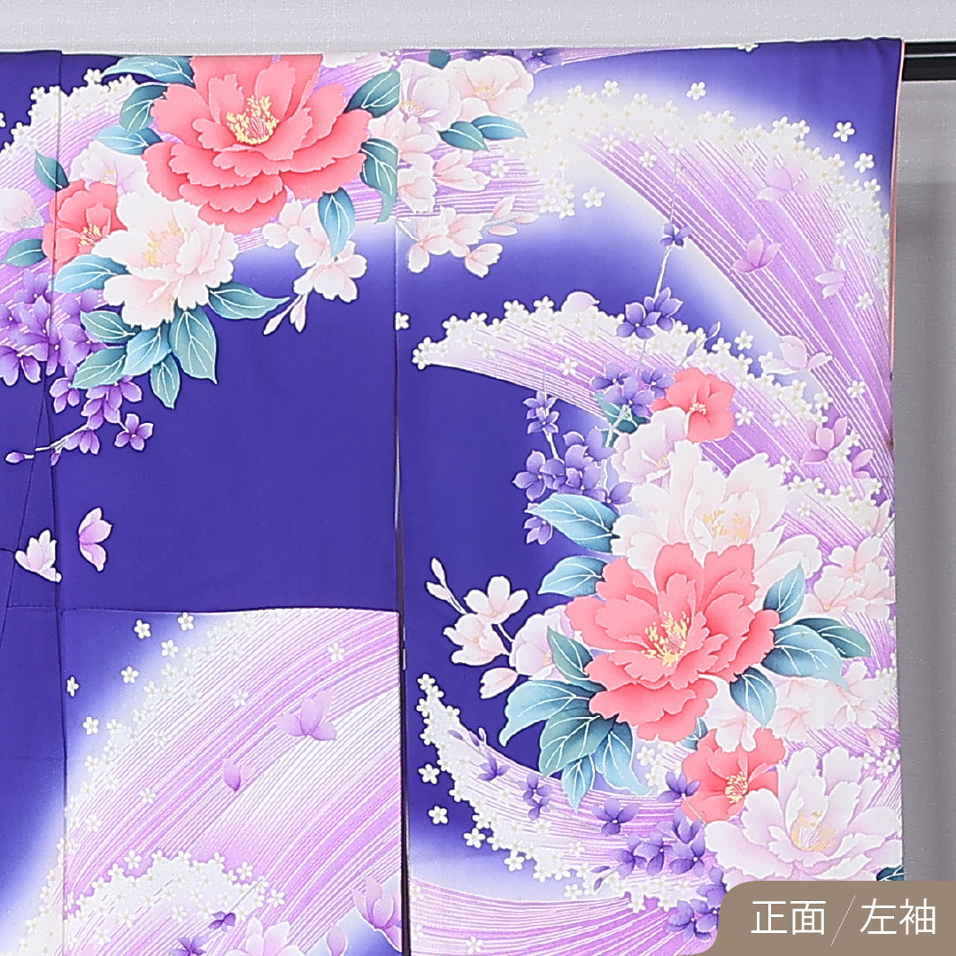 振袖 身丈157cm 裄丈63cm Cランク 袷 正絹 L 広衿 エレガント 牡丹 花柄 友禅 紫系 1213-F0440