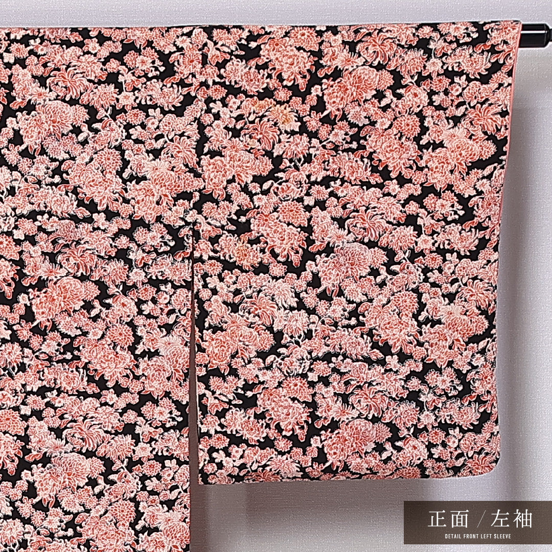 小紋 袷 身丈158cm 裄丈65cm 正絹 Aランク インフォーマル 広衿 Mサイズ 菊 ピンク系 RP 1221-11266