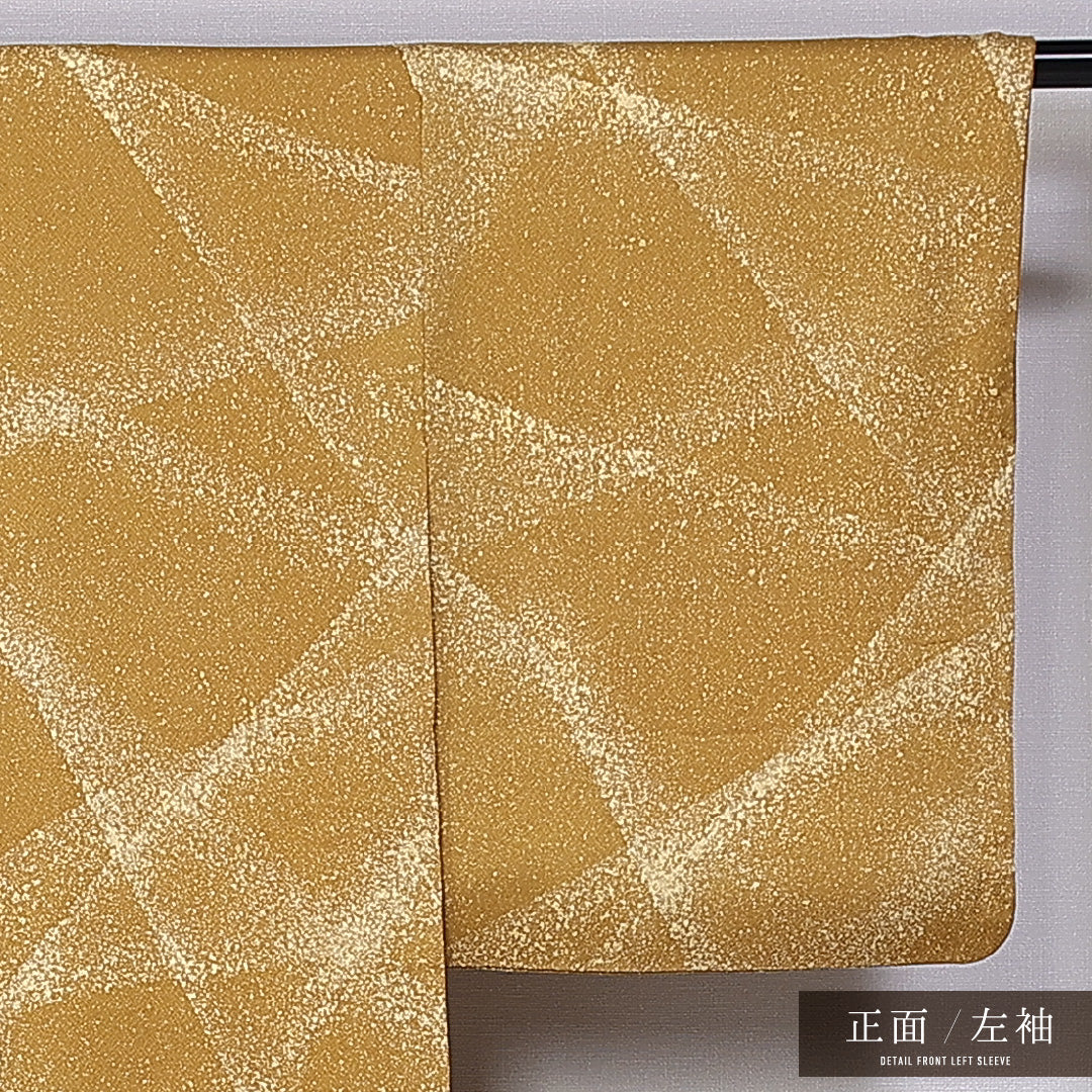 小紋 袷 身丈159cm 裄丈64cm 正絹 Aランク 一つ紋 (揚羽蝶) セミフォーマル 広衿 Mサイズ 金彩 創作柄 黄系 RP 1221-11275