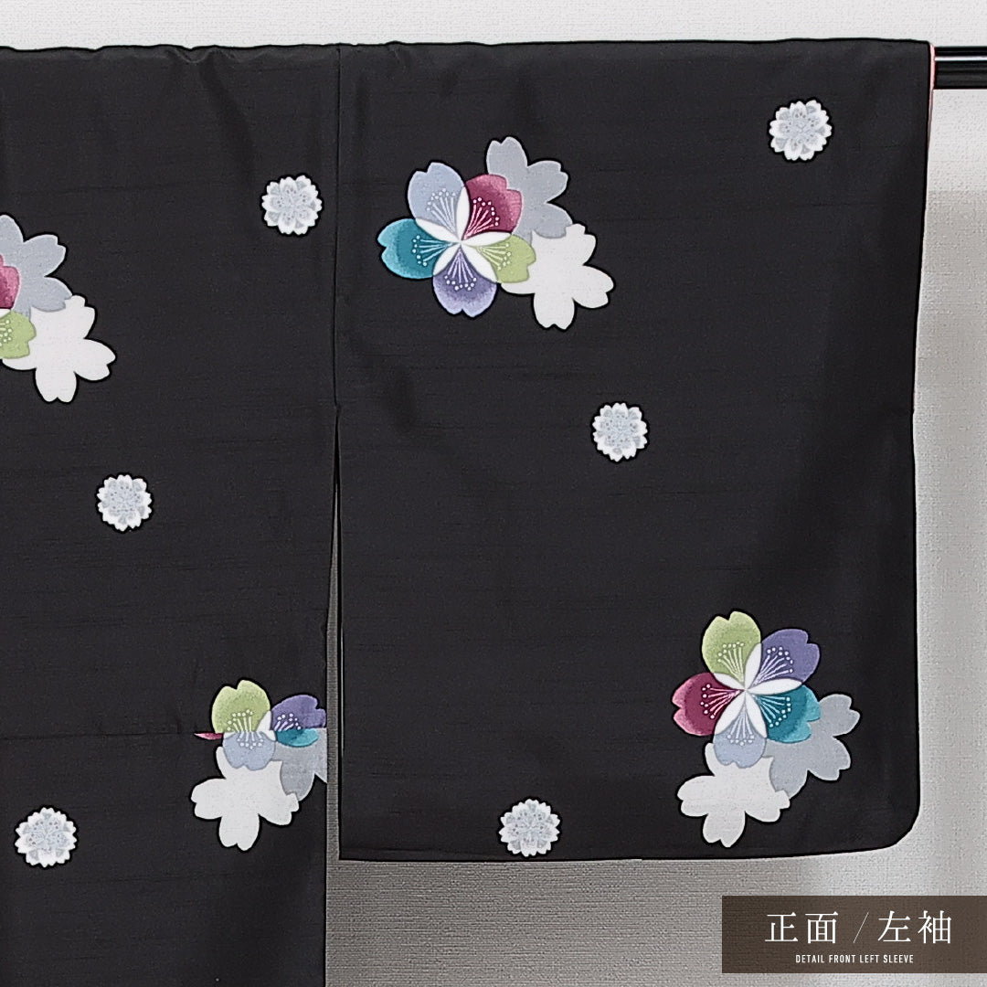 洗える着物 小紋 袷 身丈166cm 裄丈66cm ポリエステル Sランク インフォーマル バチ衿 XLサイズ 桜 黒系 RP 1221-14305