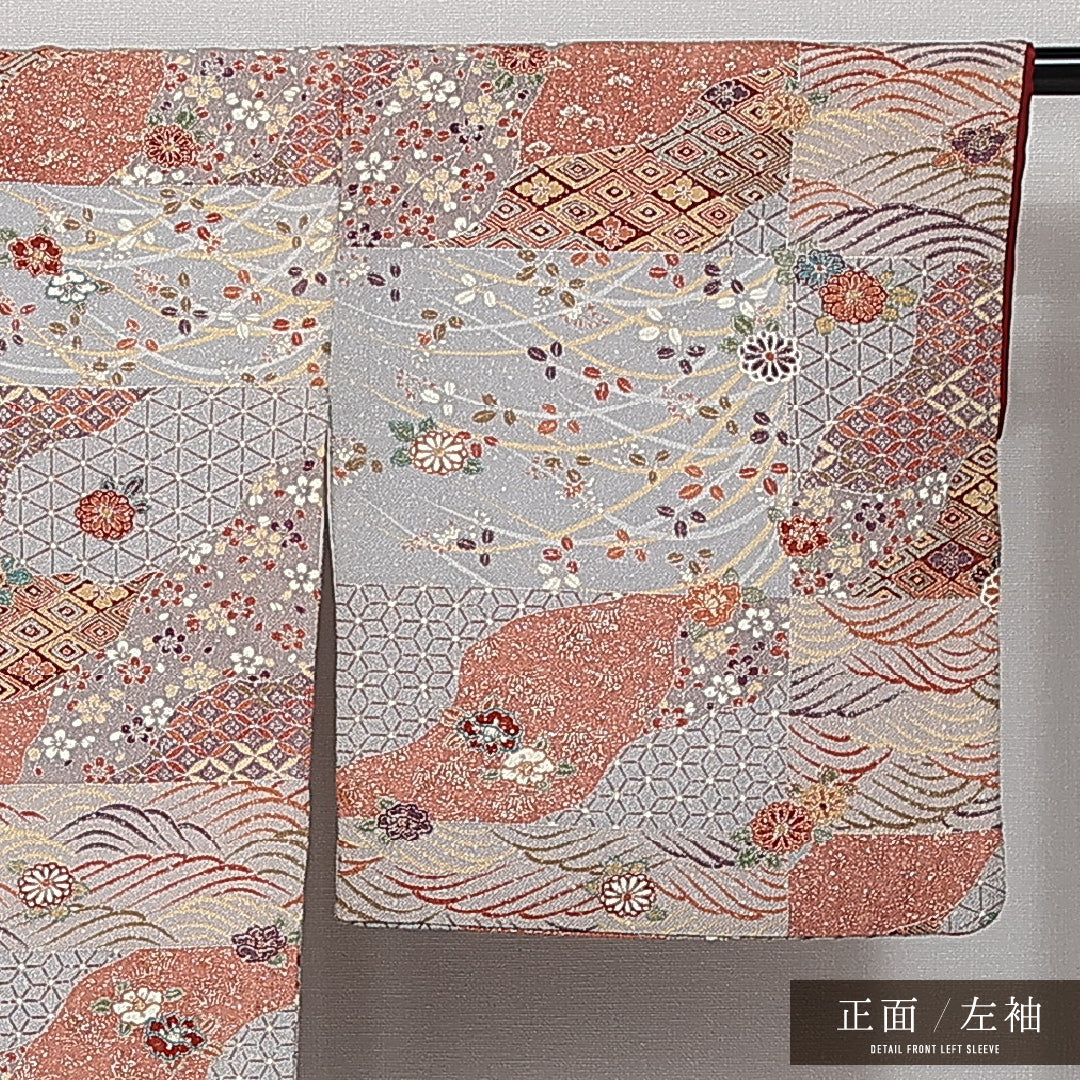 小紋 袷 身丈161cm 裄丈65cm 正絹 Sランク インフォーマル 広衿 Lサイズ 駒縫い 古典柄 グレー系 RP 1221-14347