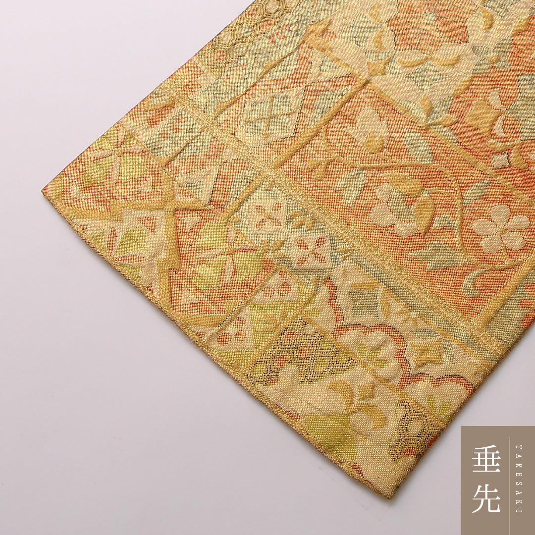 袋帯 帯丈424cm 正絹 六通 フォーマル 佐賀錦 ふくれ織 唐草華文 古典柄 朱系 1243-01669