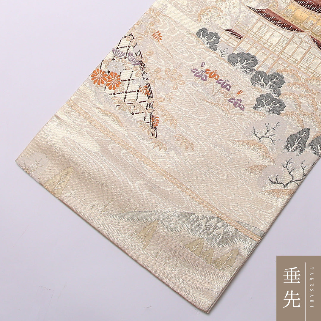 袋帯 帯丈436cm 正絹 六通 純金箔24K 京の四季 セミフォーマル 京洛百景 クリーム系 クリーム系 1243-01565