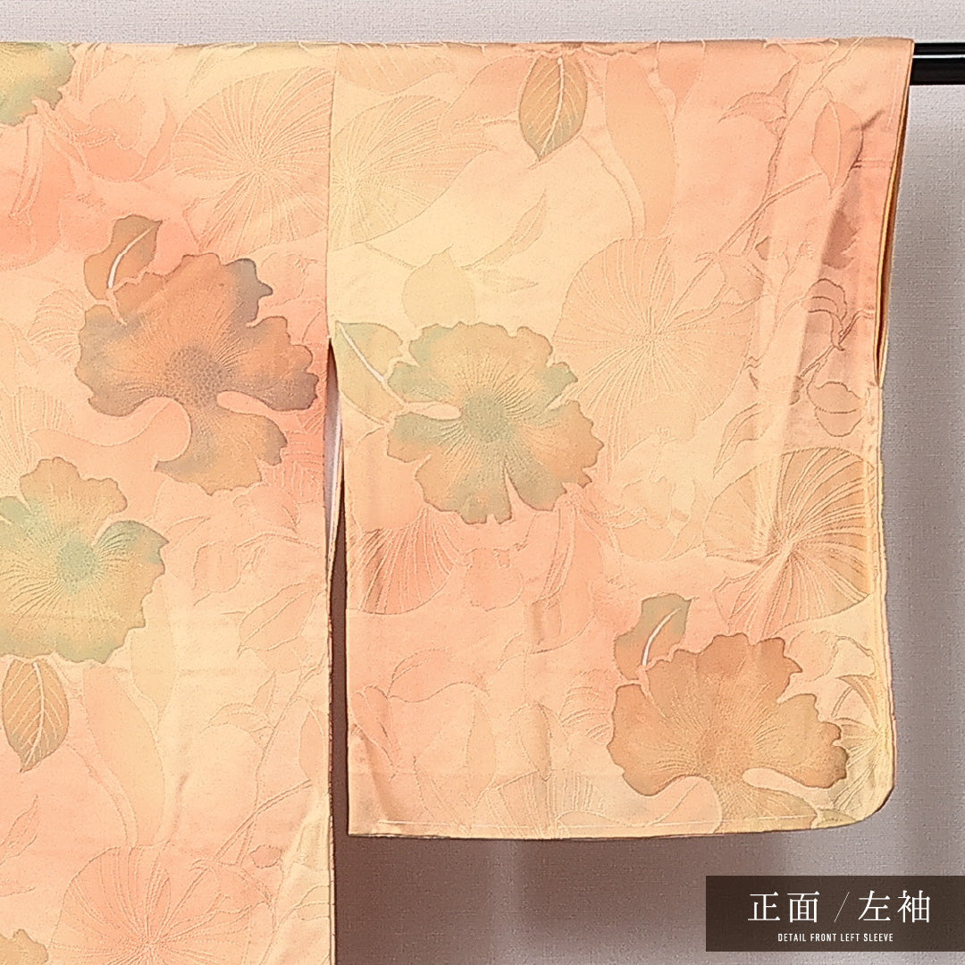小紋 袷 身丈156cm 裄丈68cm 正絹 Sランク 紋意匠 (牡丹) インフォーマル 広衿 Mサイズ ぼかし染 花柄 黄系 RP 1221-14053