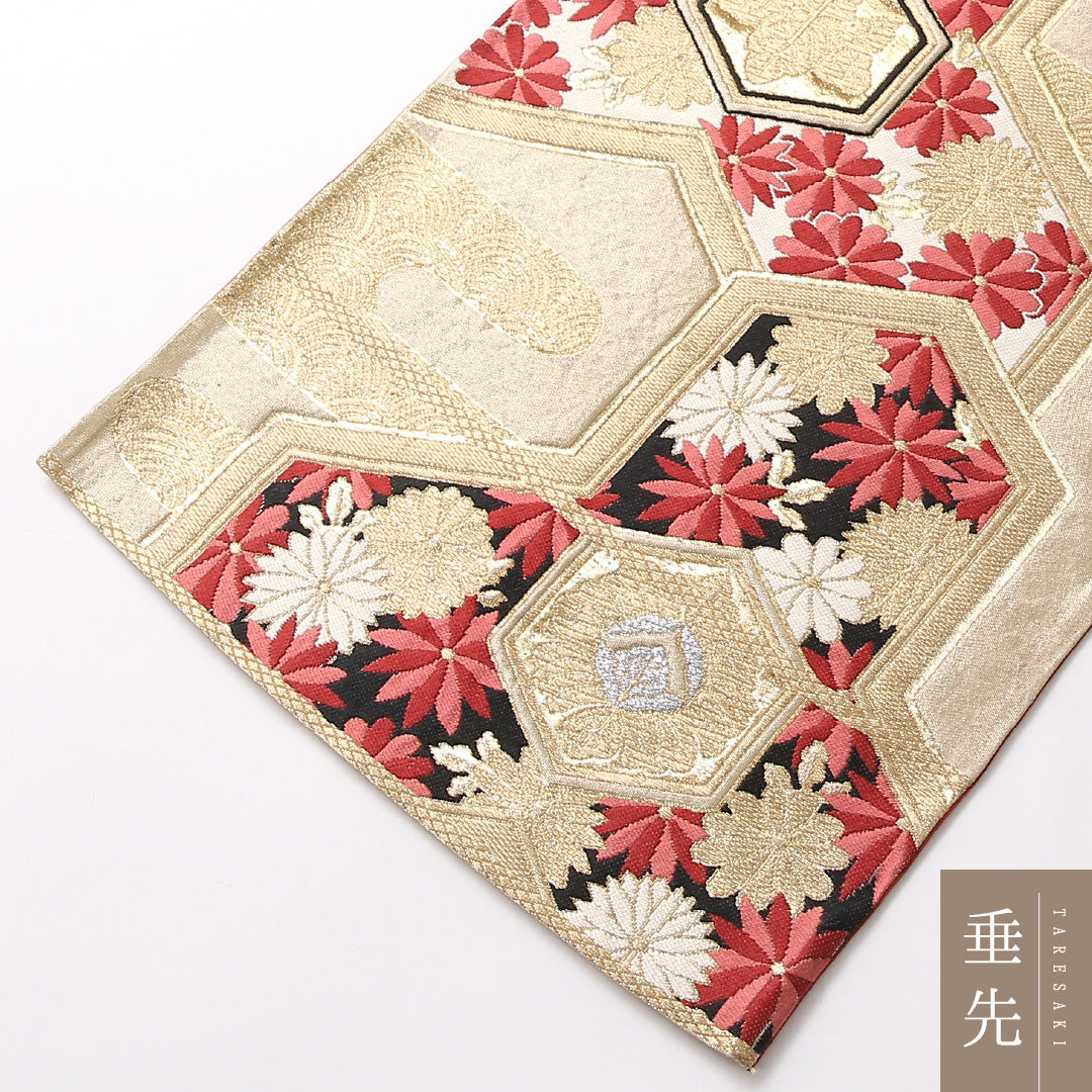 袋帯 帯丈404cm 六通 フォーマル Aランク 正絹 吉祥文様 花柄 古典的 華やか 金系 1223-01720