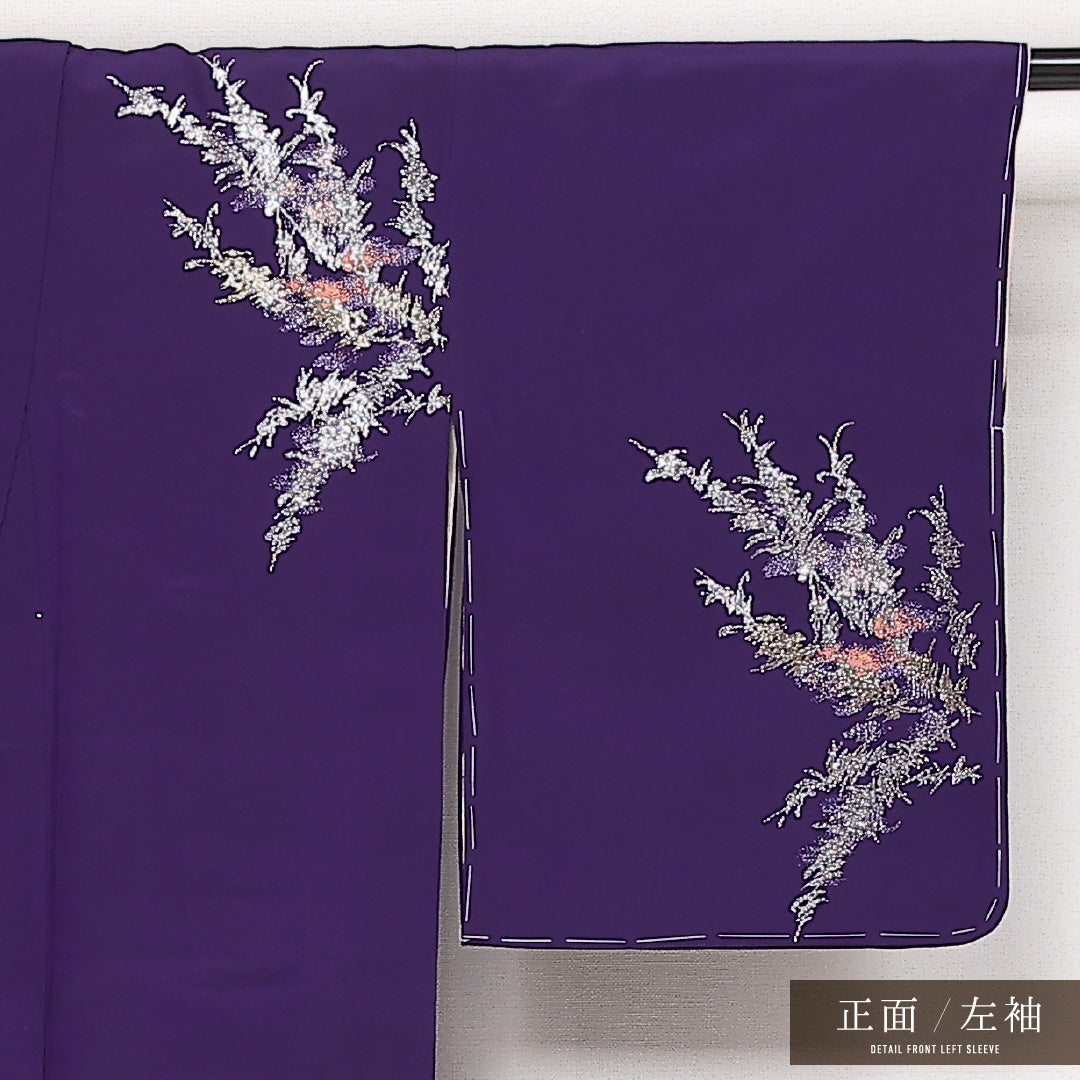 アンティーク お召 袷 身丈147cm 裄丈63cm 正絹 Aランク バチ衿 XSサイズ 漆糸 紫系 RP 1222-13579