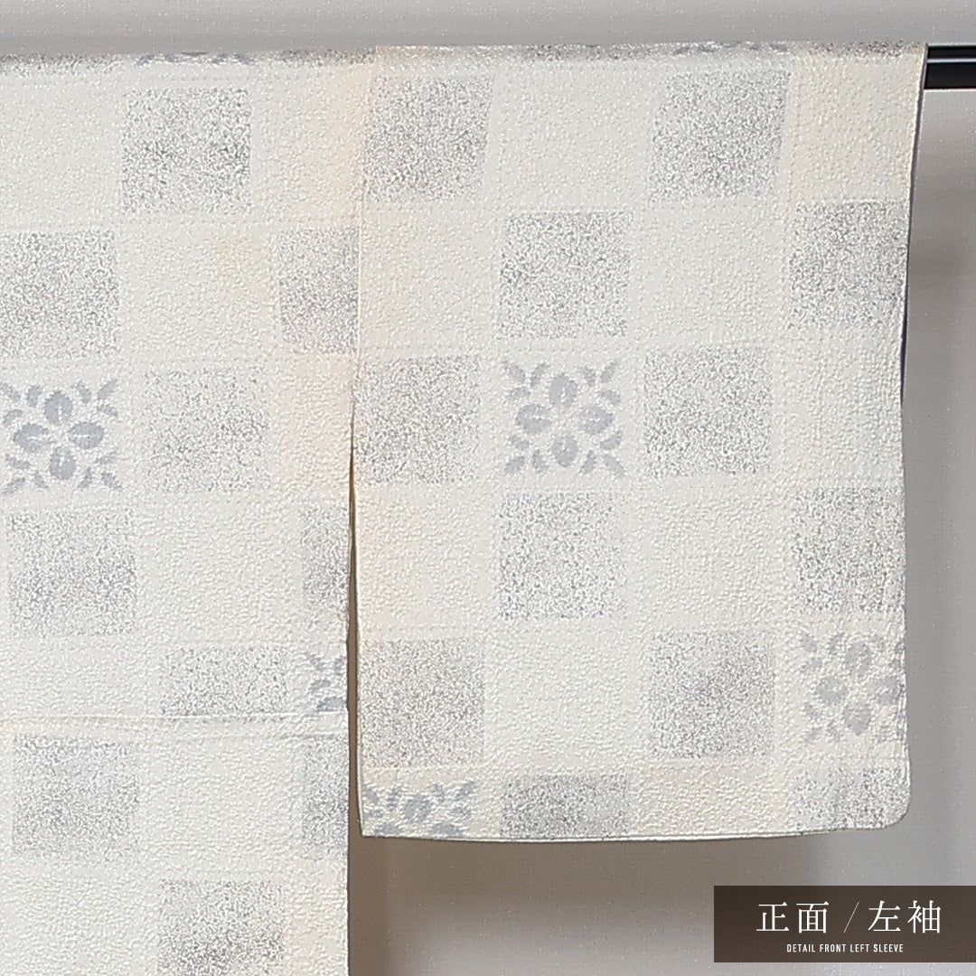 小紋 身丈161cm 裄丈63.5cm Cランク L 正絹 袷 広衿 ふくれ織 市松 カジュアル クリーム系 1215-12057