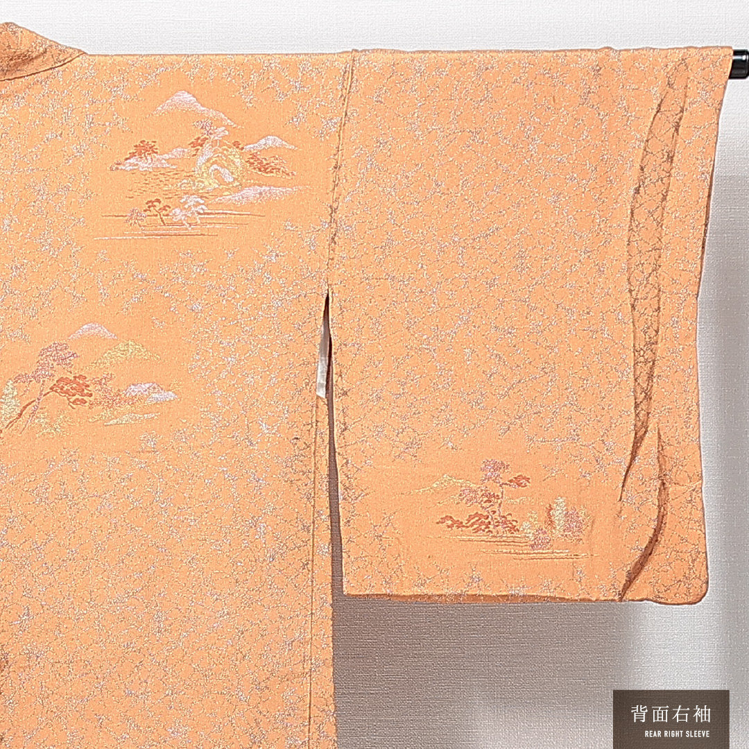 羽織（お召） 袷 身丈82cm 裄丈64cm 正絹 Aランク Mサイズ カジュアル 紐あり 山 松 漆糸 朱系 1217-14851
