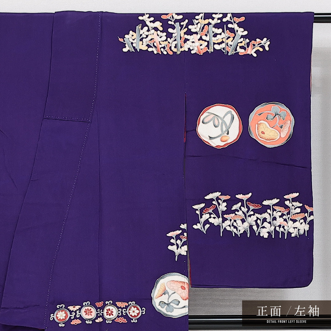 アンティーク 付下げ 袷 身丈150cm 裄丈60cm 正絹 Bランク バチ衿 Sサイズ 金彩 花柄 丸文 紺系 RP 1218-14572