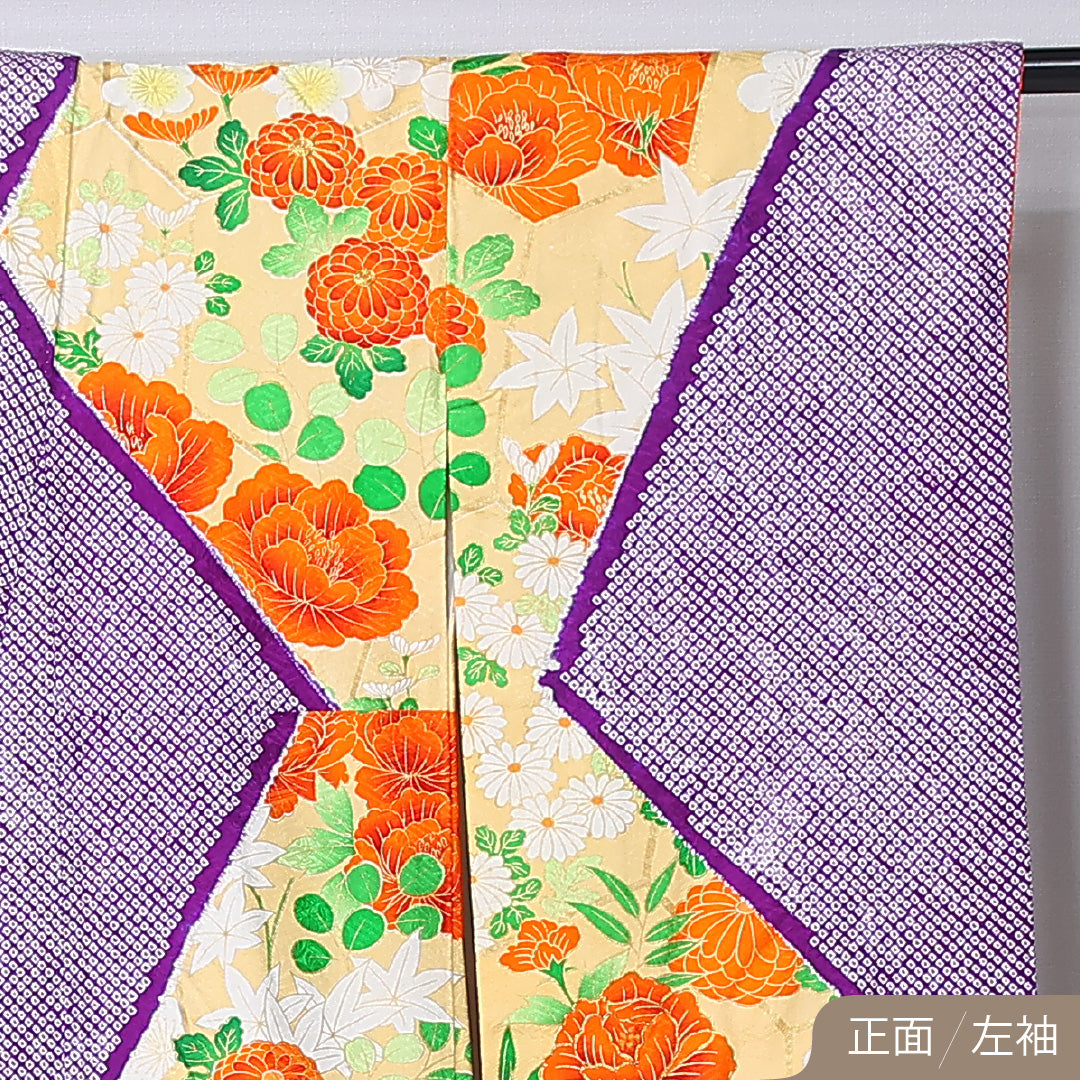 振袖 身丈150cm 裄丈61.5cm Aランク 袷 正絹 S 広衿 絞り 吉祥文様 古典柄 菊 牡丹 紫系 1213-F0445