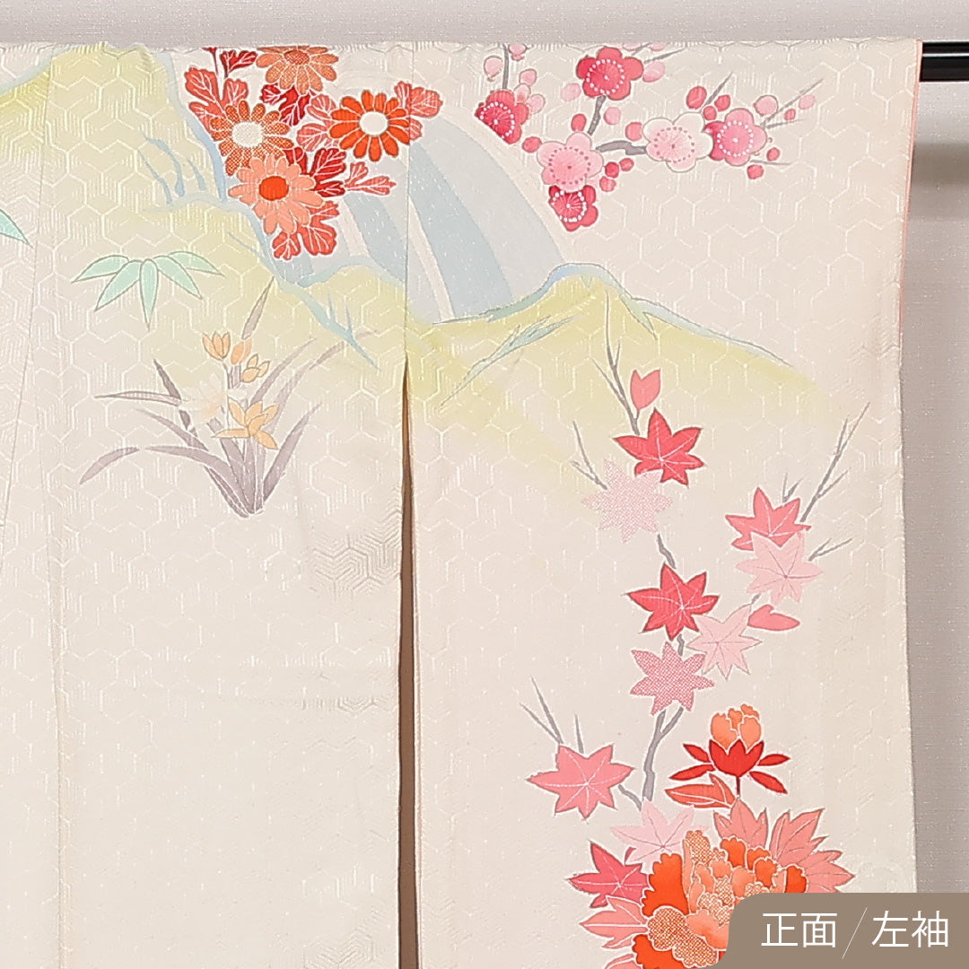 振袖 身丈168cm 裄丈65cm Aランク 正絹 袷 広衿 XL 牡丹 吉祥文様 菊 フォーマル 古典的 華やか クリーム系 白系 1213-F0545