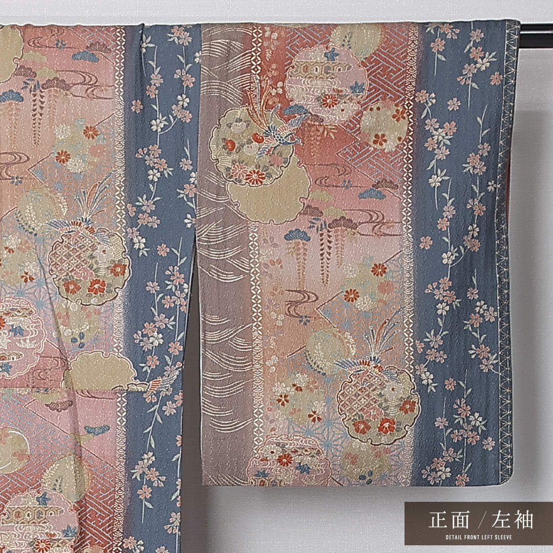 小紋 袷 身丈157cm 裄丈65cm 正絹 Sランク インフォーマル 広衿 Mサイズ 雪輪 花柄 吉祥文様 多色系 RP 1221-12385