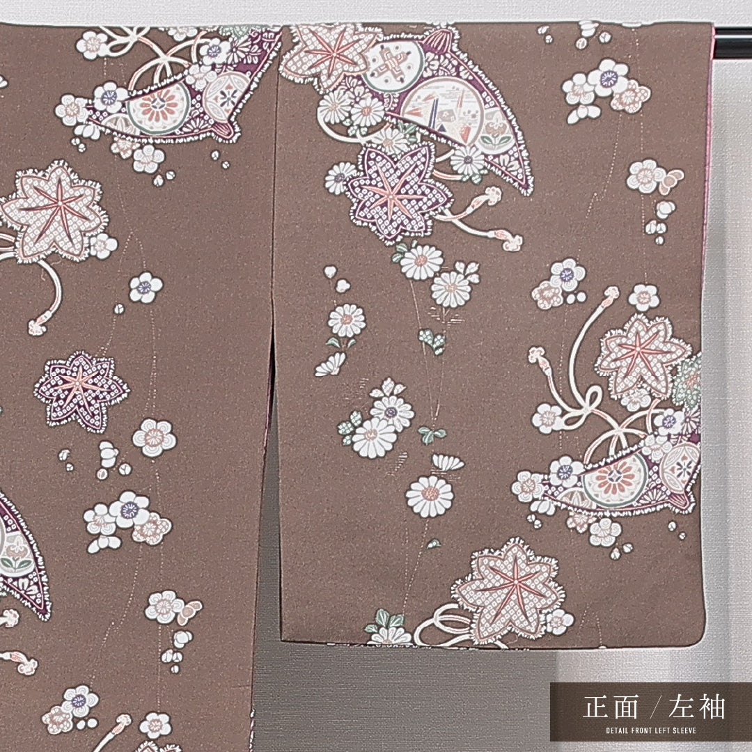 小紋 袷 身丈161cm 裄丈65cm 正絹 Cランク インフォーマル 広衿 Lサイズ 梅 紅葉 茶系 LP 1221-15602