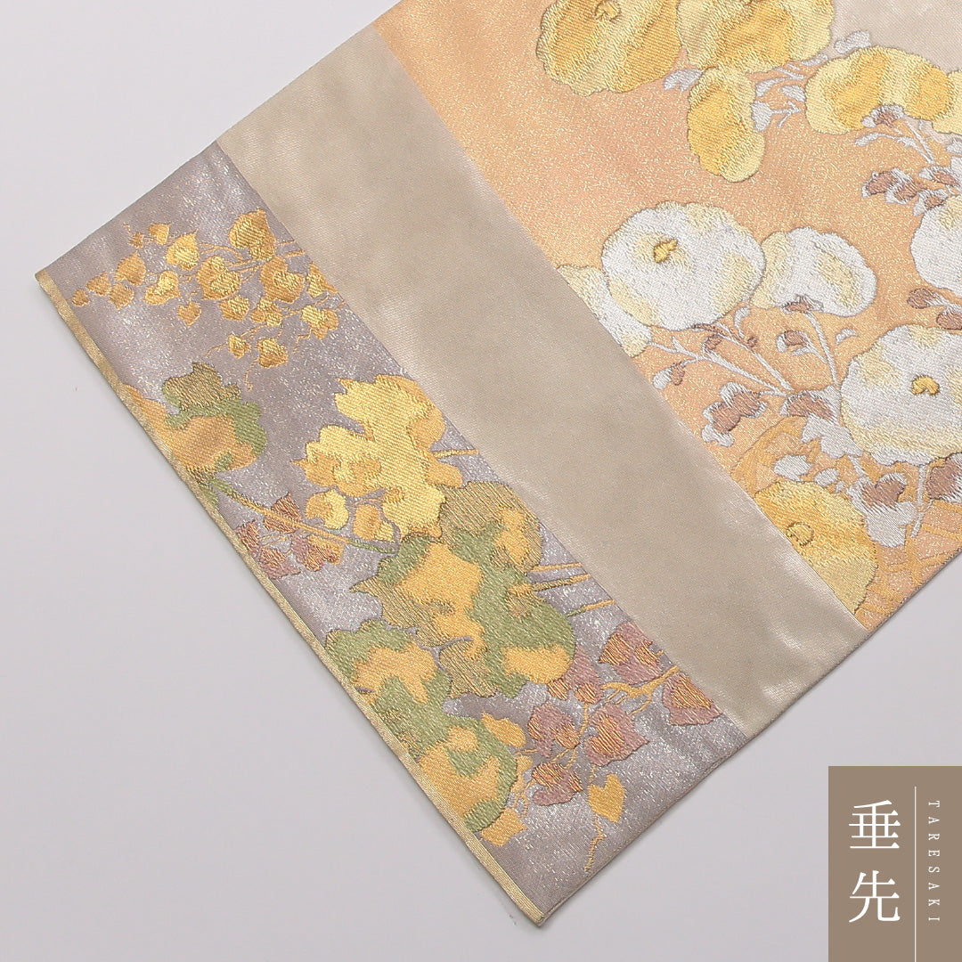 袋帯 六通 帯丈444cm フォーマル Sランク 正絹 琳派 梅 柏 橘 落款 クリーム系 1223-01451