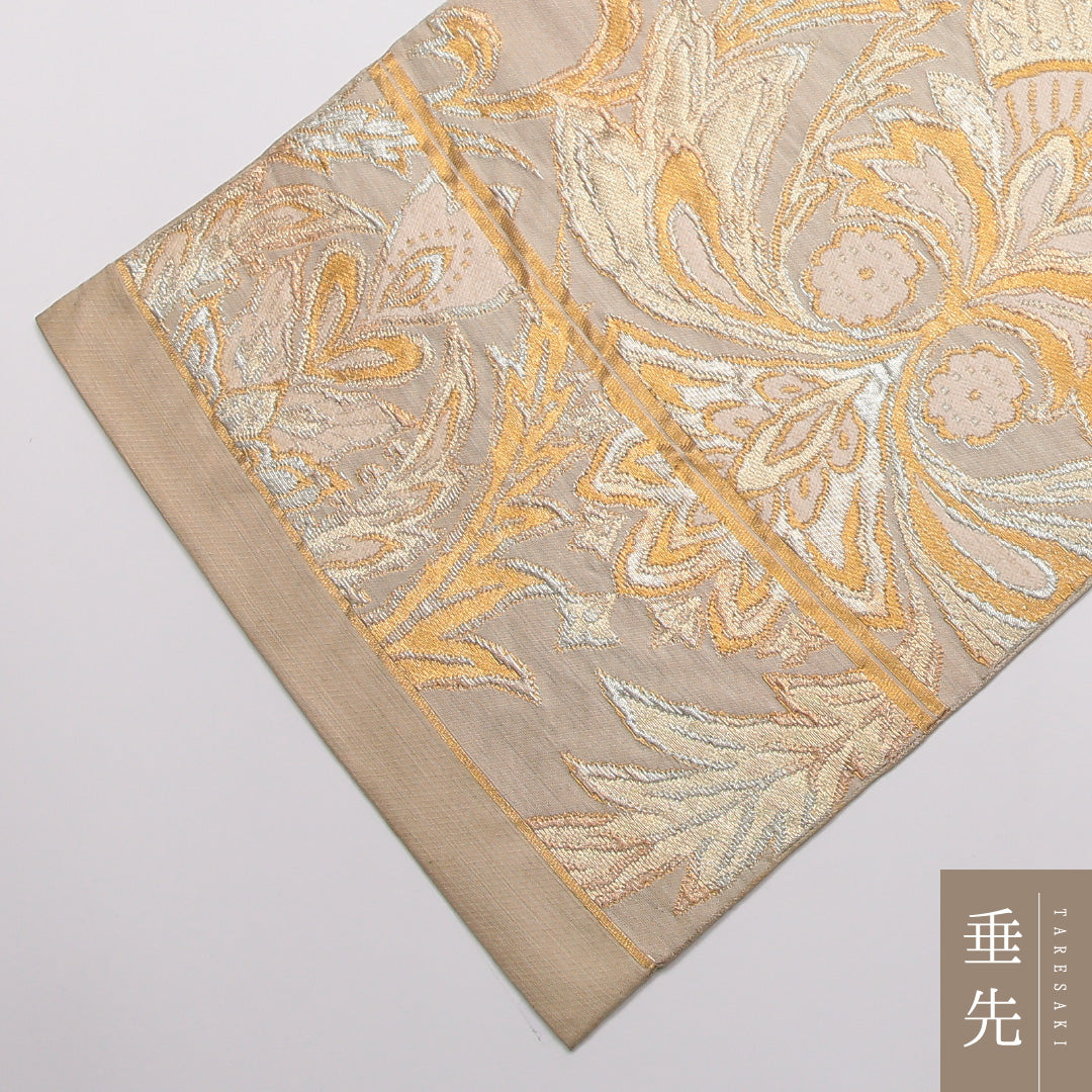 アンティーク 袋帯 帯丈408cm 正絹 六通 唐草華文 クリーム系 1243-01457
