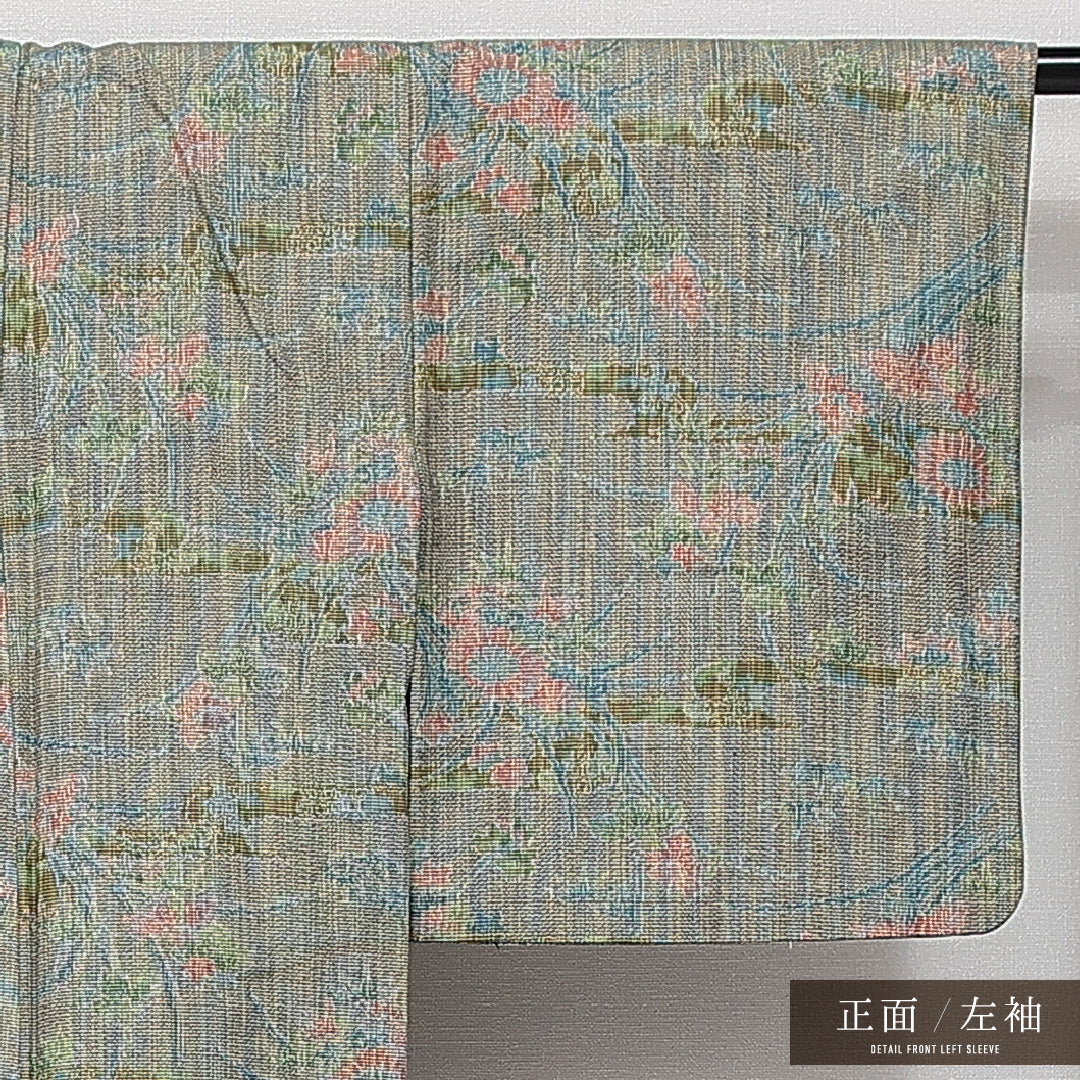 洗える着物 ウールの紬 単衣 身丈153cm 裄丈61cm ウール Sランク カジュアル バチ衿 Sサイズ 居敷当て 肩当て 菊 緑系 RP 1223-14354