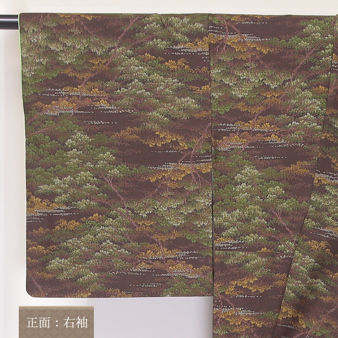 大島紬 袷 身丈154cm 裄丈64cm 正絹 Aランク インフォーマル 広衿 Sサイズ 遠山 茶系 RP 1223-03623