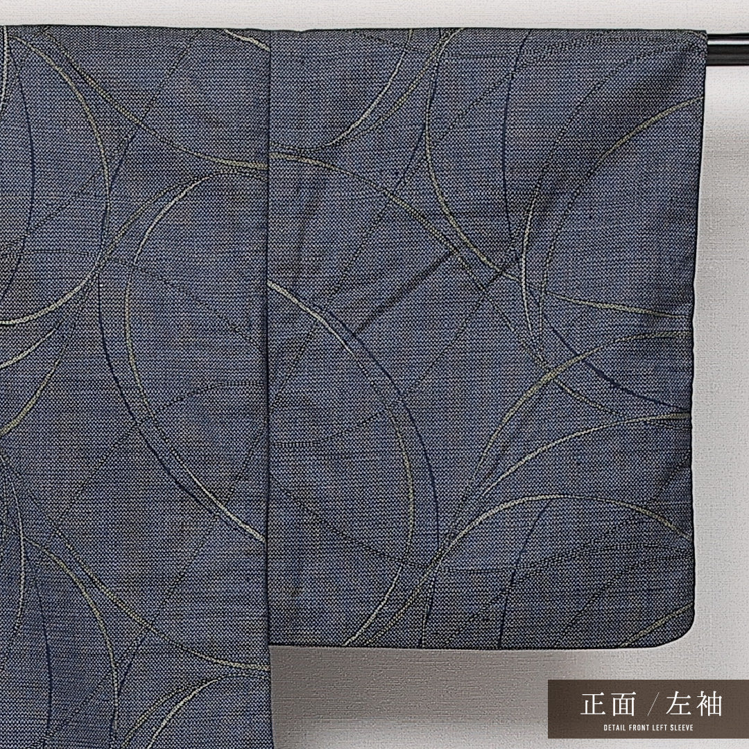 洗える着物 ウールの紬 単衣 身丈152cm 裄丈65cm ウール Aランク カジュアル Sサイズ 居敷当て 創作柄 紺系 HP 1223-13978