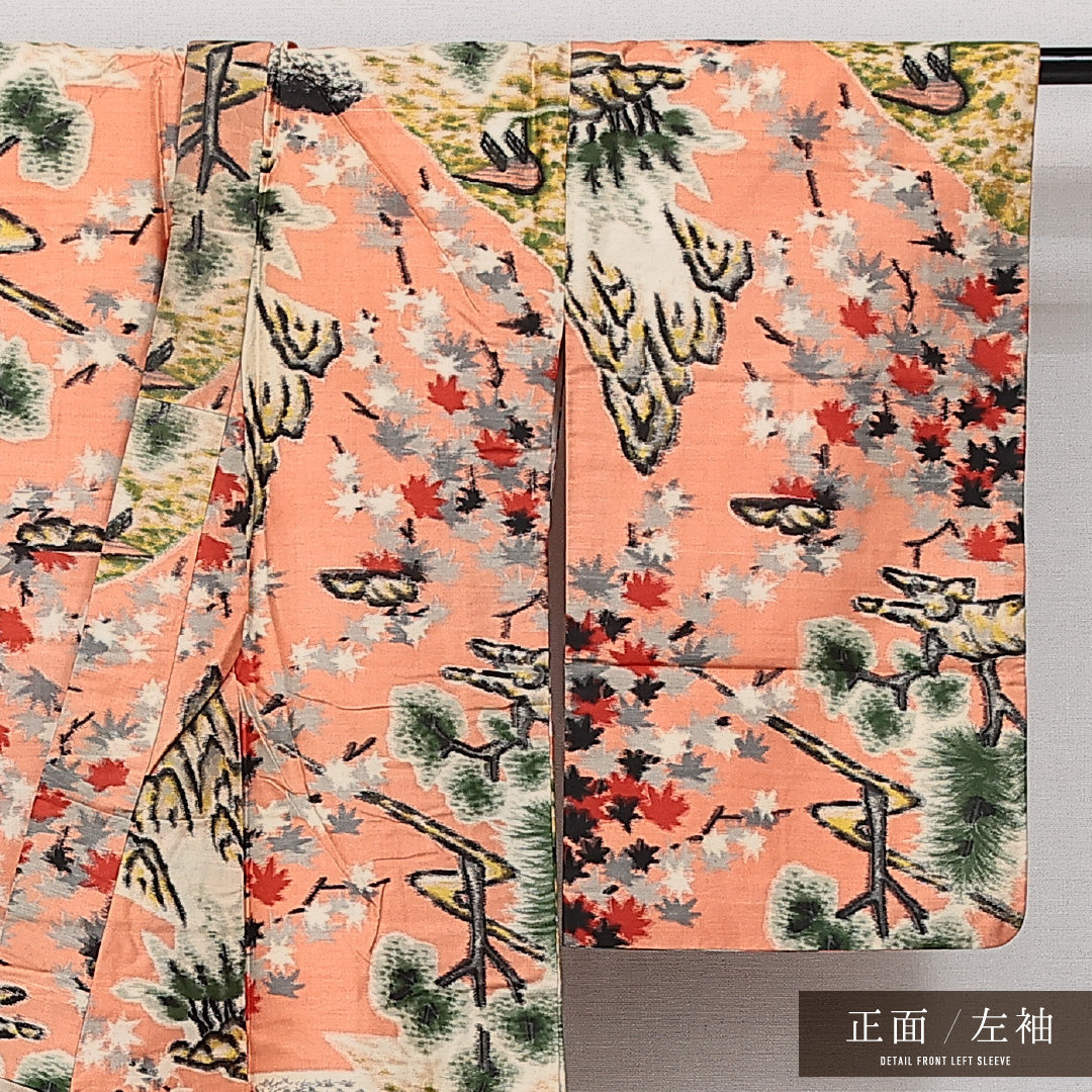 アンティーク 銘仙の着物 袷 身丈142cm 裄丈61cm 正絹 Cランク バチ衿 XSサイズ 山水 四季山野 朱系 PO 1223-14360