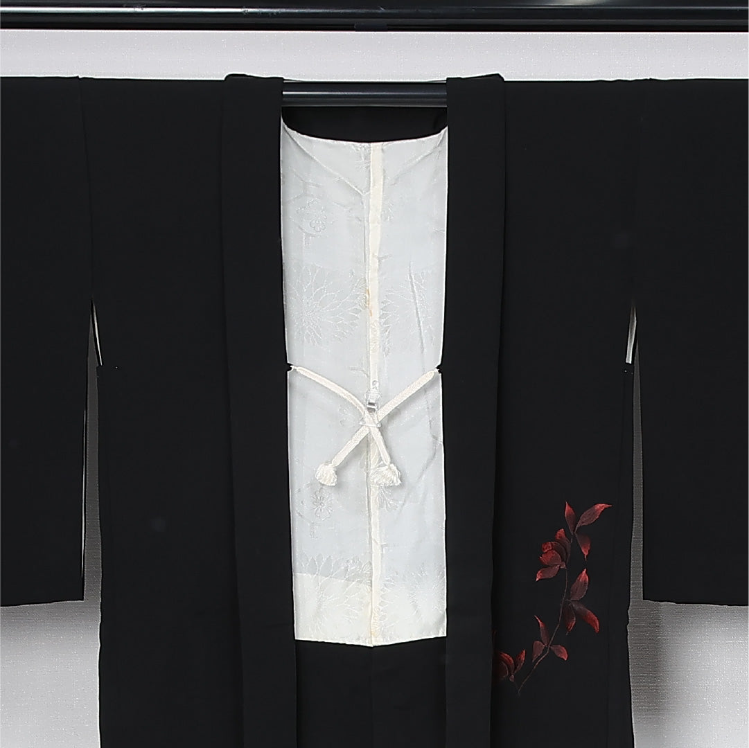 黒羽織 袷 身丈78cm 裄丈63cm 正絹 Aランク インフォーマル Sサイズ 刺繍 紐あり 木瓜 黒系 RP 1233-12594