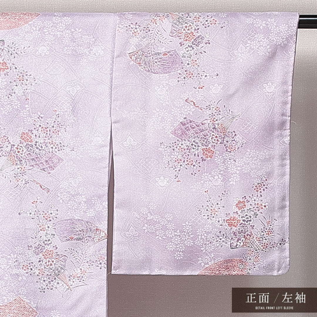 小紋 洗える着物 袷 身丈159cm 裄丈64cm ポリエステル Sランク Mサイズ 広衿 インフォーマル 扇 橘 しつけ糸 紫系 1215-14819