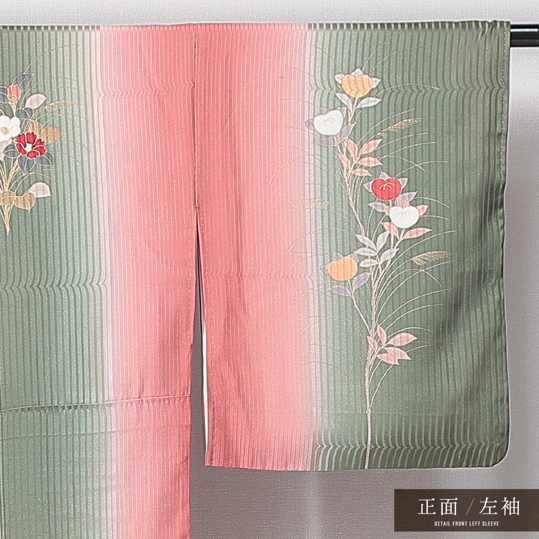 付下げ 袷 身丈160cm 裄丈65cm 正絹 Cランク Lサイズ 広衿 インフォーマル 菊 緑系 ピンク系 1261-14963