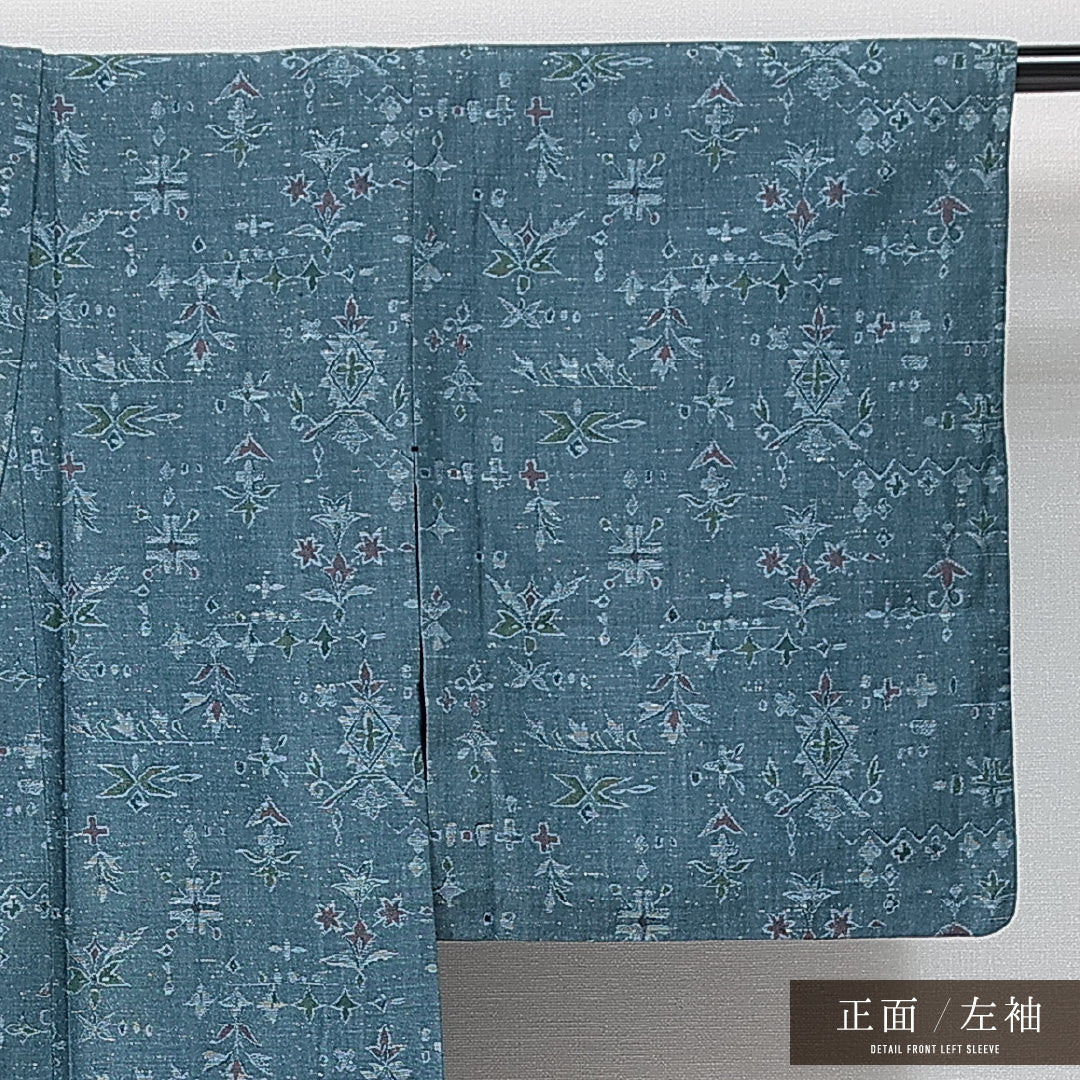 紬 単衣 身丈140cm 裄丈61cm 正絹 Aランク カジュアル バチ衿 XSサイズ 植物柄 創作柄 青系 RP 1223-14792