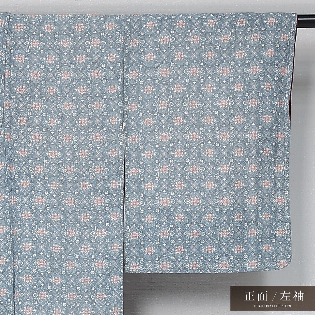 小紋 袷 身丈161cm 裄丈63cm 正絹 Aランク インフォーマル バチ衿 Lサイズ 花菱 水色系 RP 1221-12012