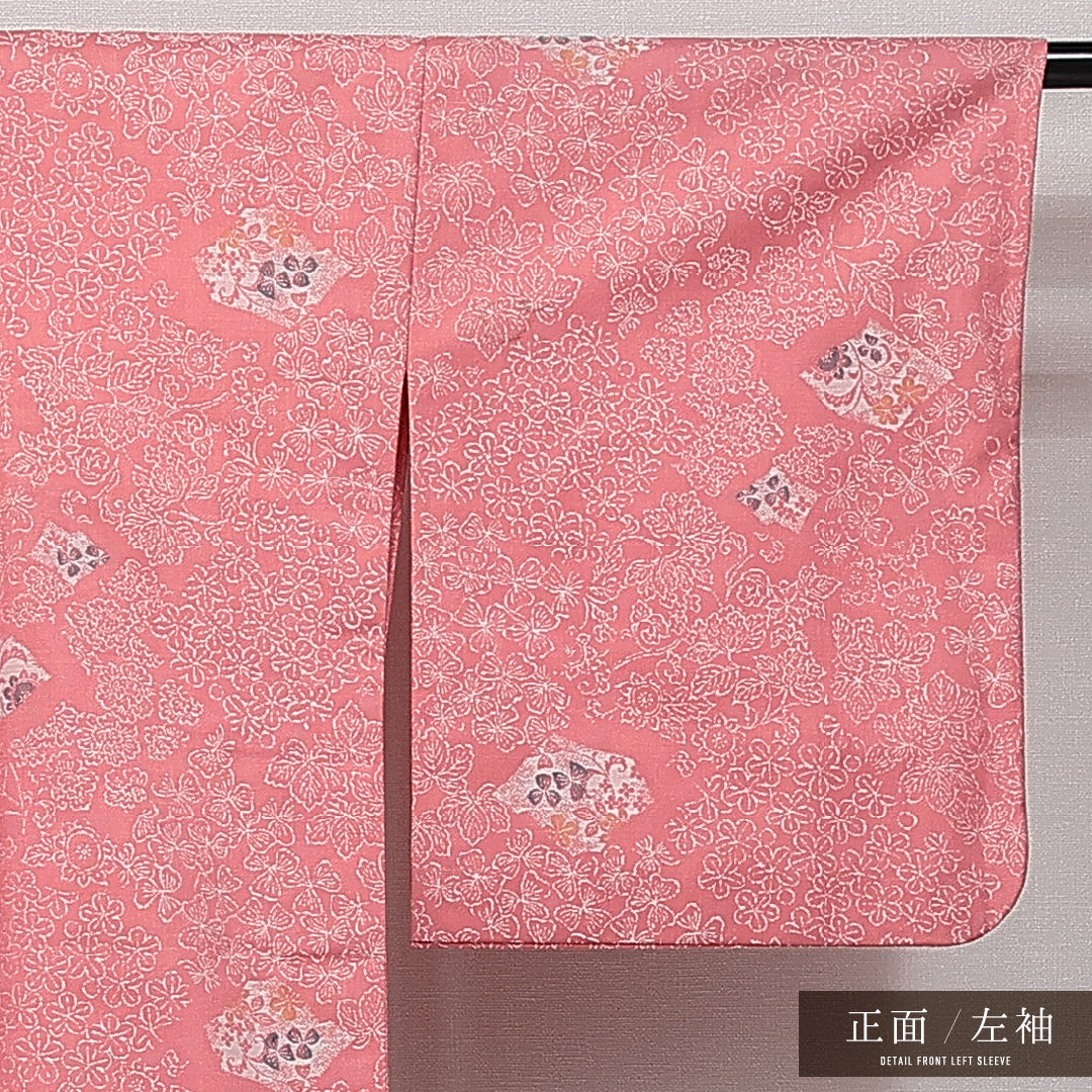 洗える着物 ウールの紬 単衣 身丈162cm 裄丈63cm ウール Sランク カジュアル バチ衿 Lサイズ 居敷当て 肩当て 梅 蔦 ピンク系 RP 1223-14355