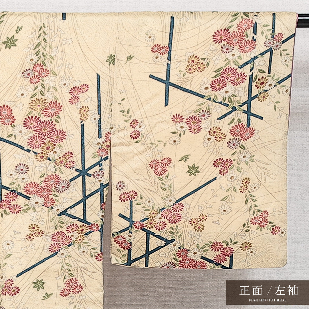 小紋 洗える着物 袷 身丈151cm 裄丈62cm ポリエステル Bランク Sサイズ バチ衿 インフォーマル 菊 ベージュ系 1215-14600