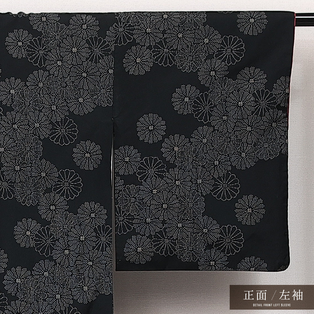 大島紬 袷 身丈162cm 裄丈62cm 正絹 Aランク インフォーマル 広衿 Lサイズ 菊 黒系 RP 1223-14102