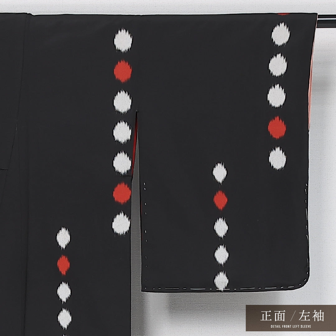 アンティーク お召 身丈152cm 裄丈63cm Aランク S 正絹 袷 バチ衿 ドット アンティーク 黒系 1215-11896