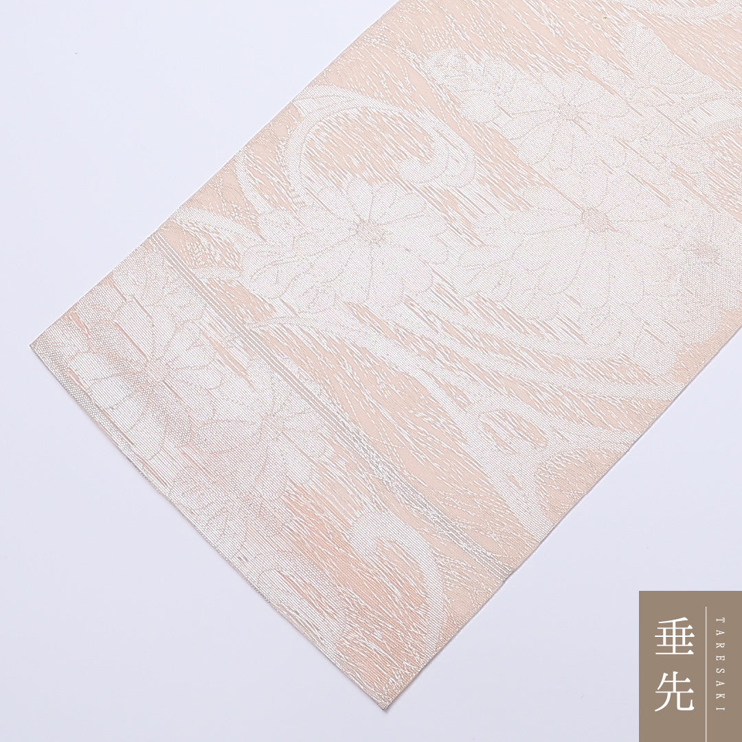 袋帯 夏帯 帯丈432cm 六通 菊 唐草 流水 銀糸 セミフォーマル クリーム系 正絹 Aランク 1223-00925