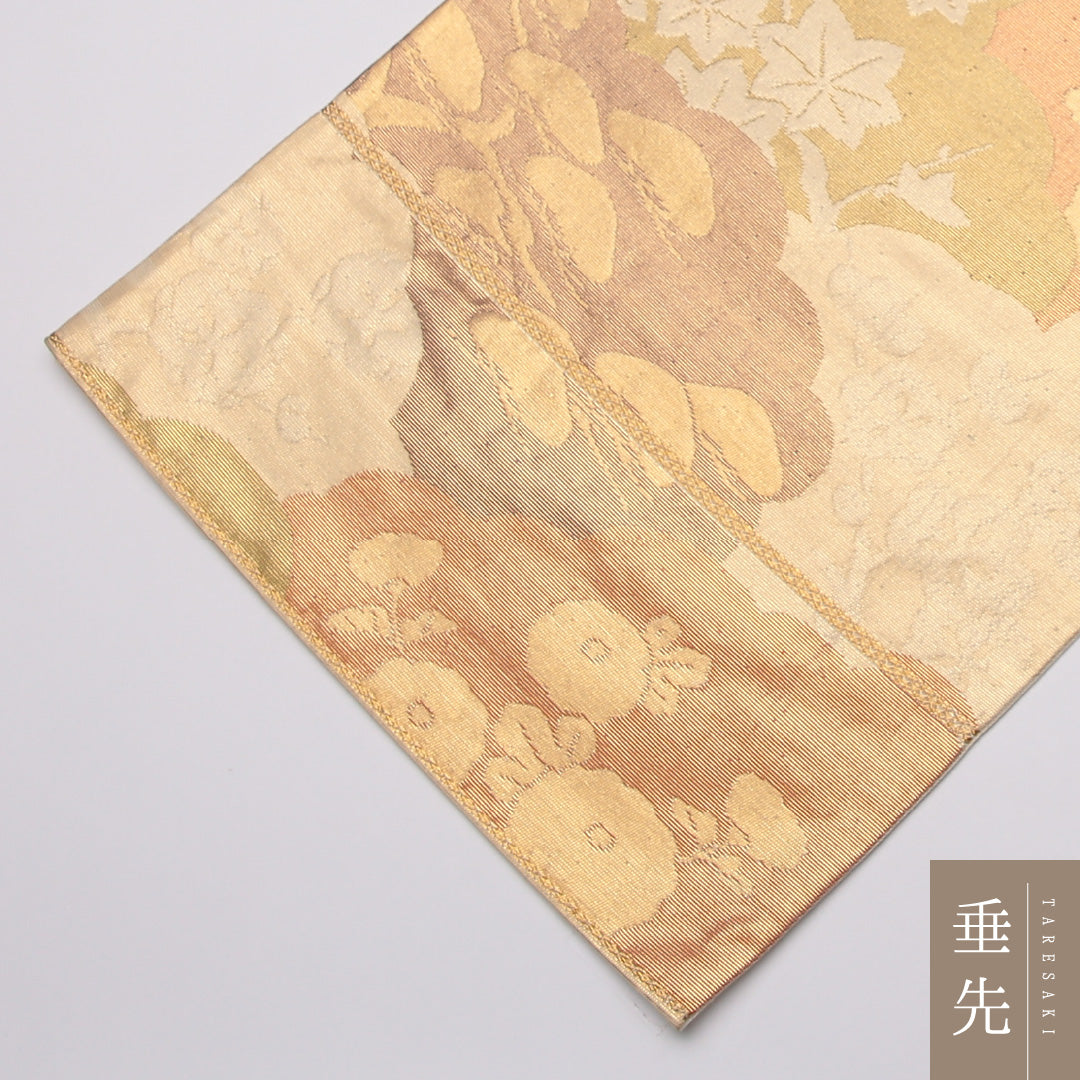 袋帯 帯丈418cm 正絹 六通 フォーマル 琳派 雲取り 四季草花 金系 1243-01313