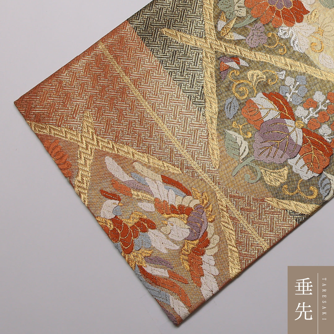 袋帯 帯丈436cm 正絹 六通 フォーマル 格天井 吉祥文様 クリーム系 1243-01398