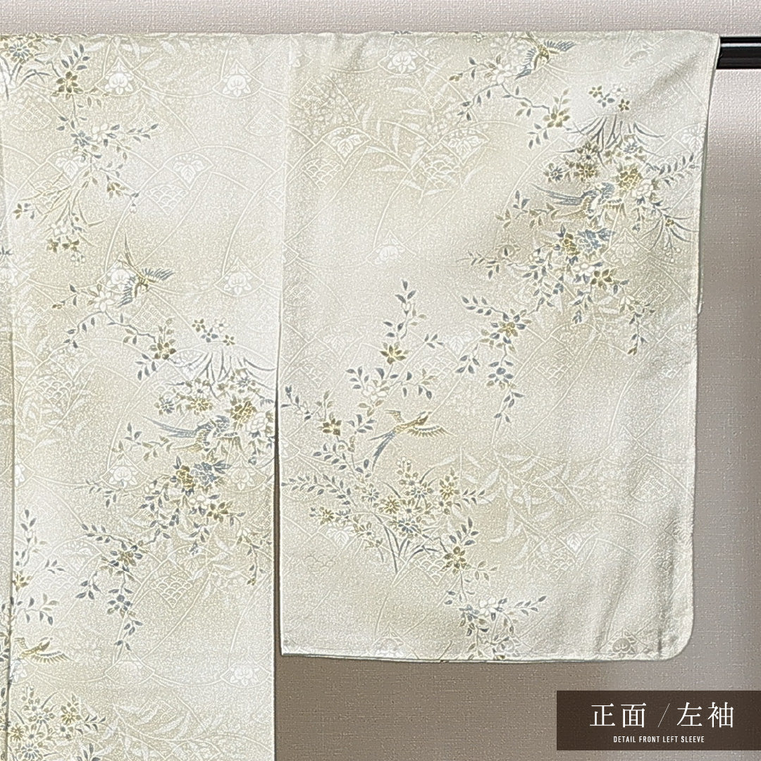 新古品 小紋 洗える着物 袷 身丈159cm 裄丈64cm ポリエステル Nランク Mサイズ 広衿 インフォーマル 花喰鳥 しつけ糸 緑系 1215-14816