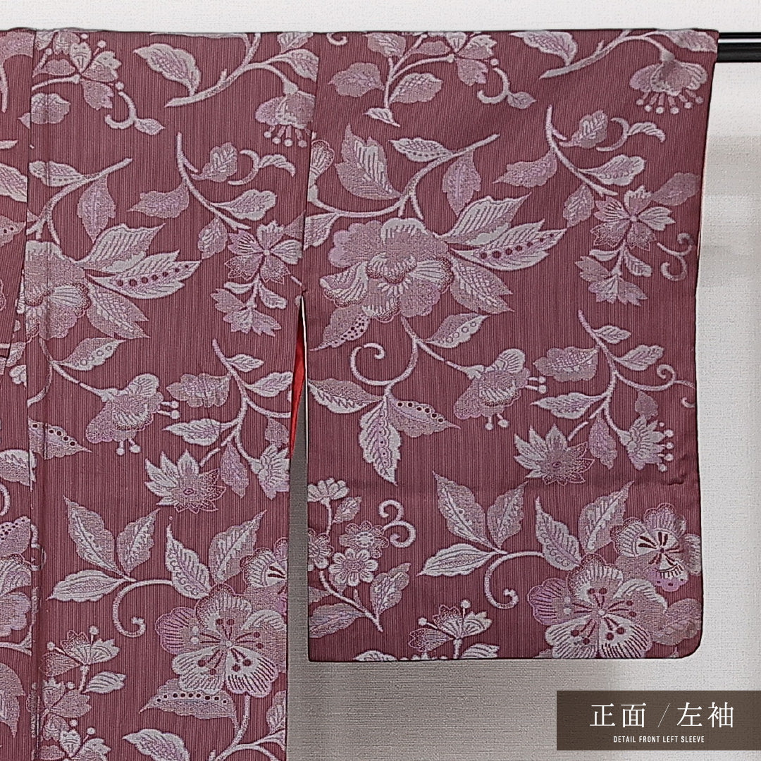 アンティーク お召 袷 身丈152cm 裄丈63cm 正絹 Cランク 広衿 Sサイズ 花柄 紫系 HP 1222-14235