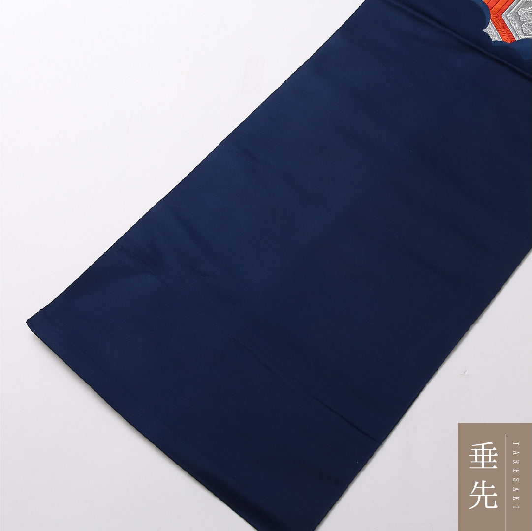 八寸名古屋帯 Sランク 帯丈342cm 正絹 ポイント柄 松葉仕立て 織り セミフォーマル 雲取り 花菱亀甲 紺系 RP 1245-02904