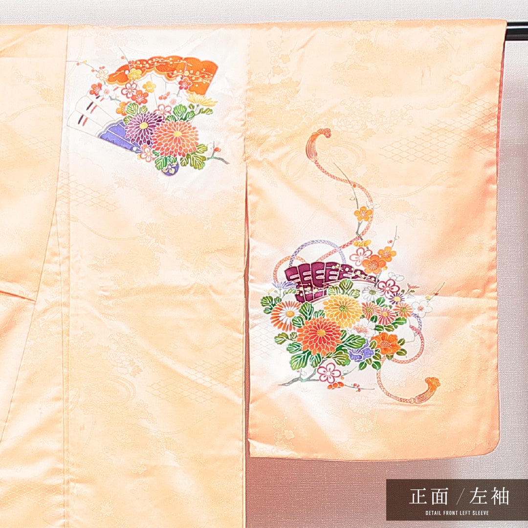 訪問着 袷 身丈161cm 裄丈65cm 正絹 Aランク Lサイズ 広衿 セミフォーマル 扇 牡丹 クリーム系 朱系 1212-14768
