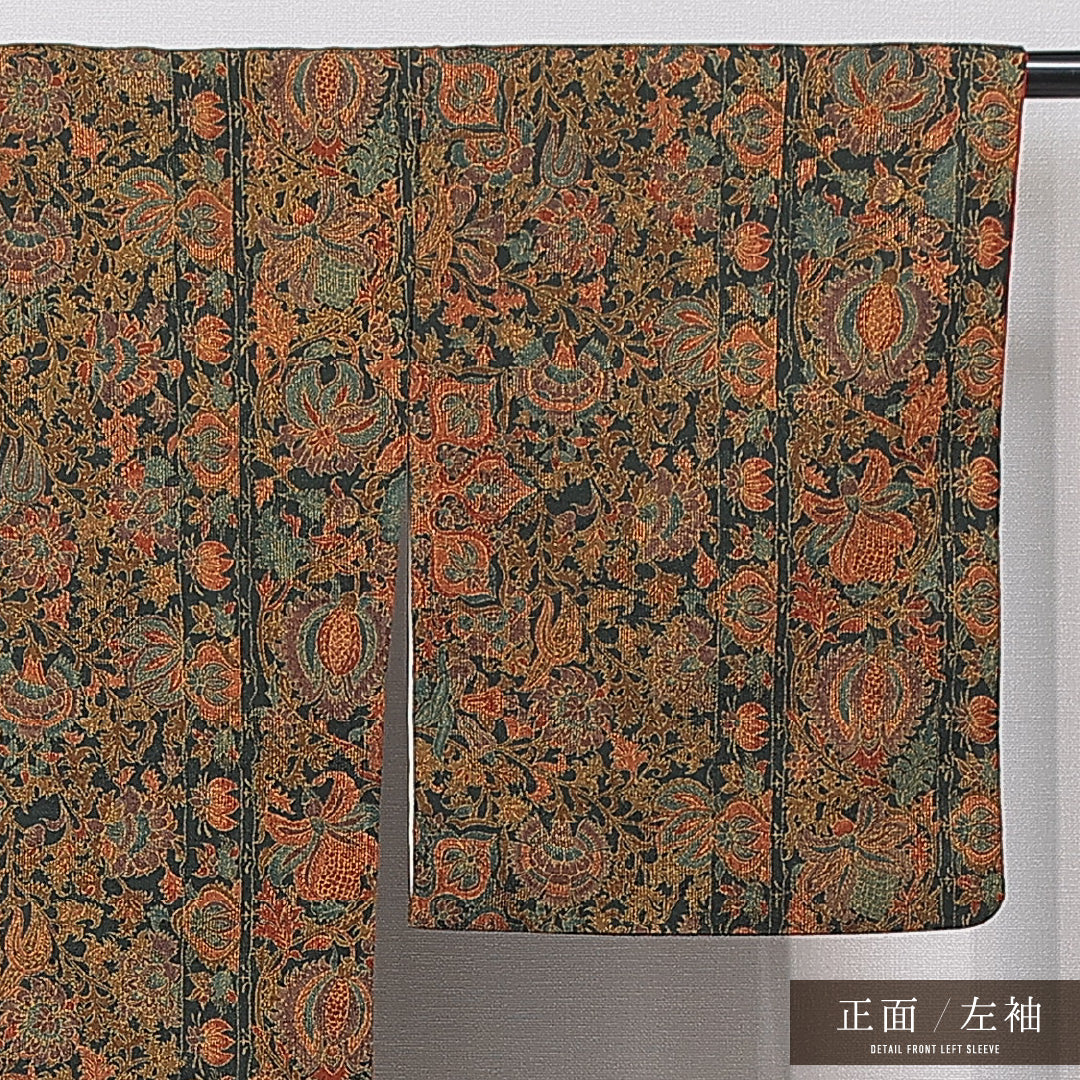 小紋 袷 身丈158cm 裄丈65cm 正絹 Aランク インフォーマル 広衿 Mサイズ 更紗文様 茶系 RP 1221-15621
