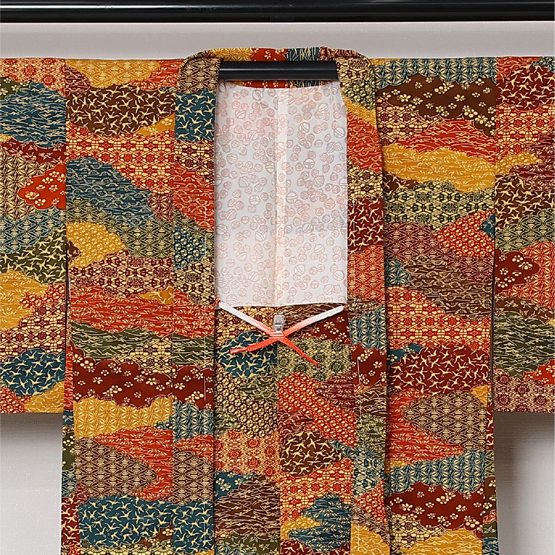 羽織 袷 身丈80cm 裄丈62cm 正絹 Sランク カジュアル Sサイズ 紐あり 証紙 多色系 RP 1232-12720