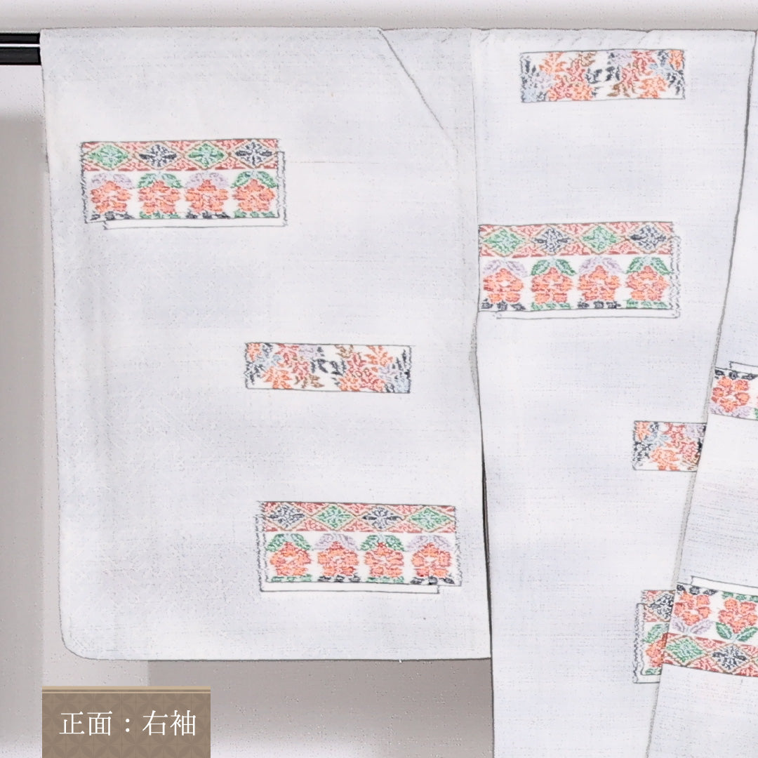 本真綿結城 結城紬 単衣 身丈166.5cm 裄64cm 正絹 ぼかし 牡丹 水色系 証紙 しつけ糸 Cランク 1216-01438