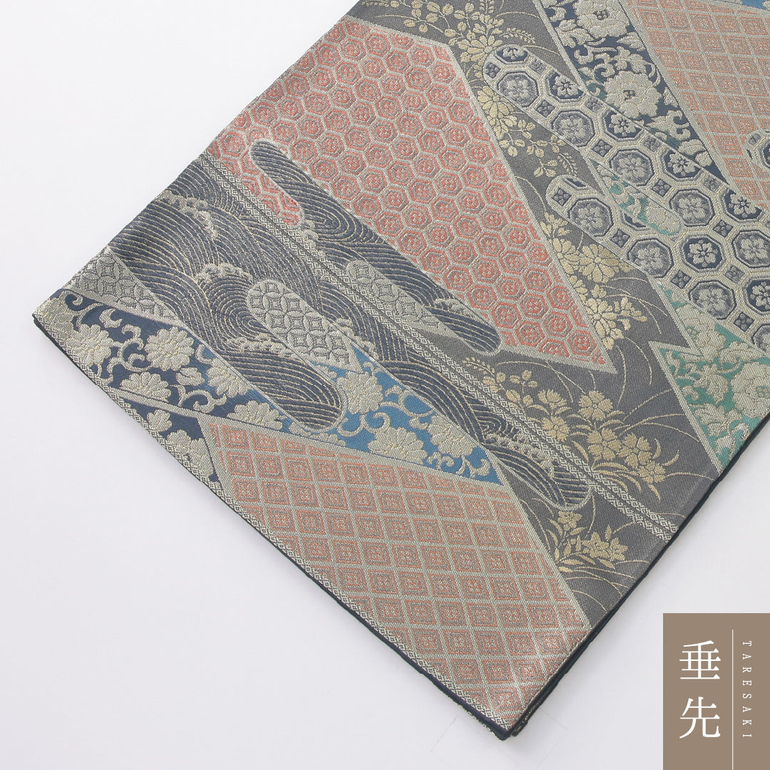 袋帯 帯丈424cm 正絹 六通 帯芯なし フォーマル 松皮菱 吉祥文様 青系 1243-02242