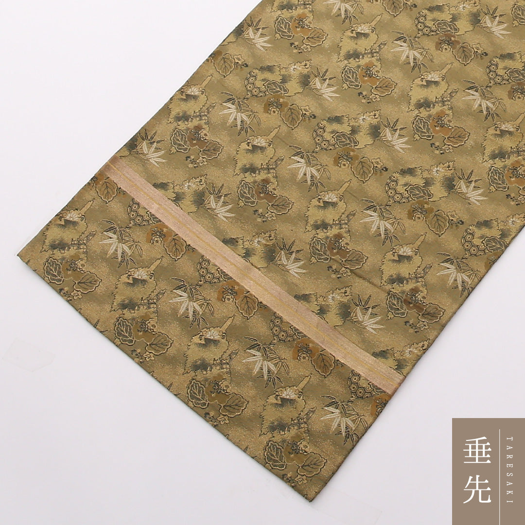 アンティーク 丸帯 帯丈372cm 正絹 全通 植物柄 緑系 ベージュ系 1242-01484