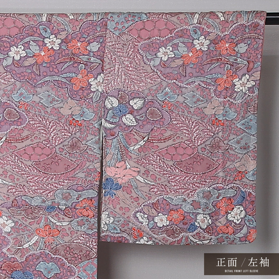 小紋 身丈154cm 裄丈66cm Aランク S 正絹 袷 広衿 ふくれ織 梅 椿 桐 カジュアル ピンク系 1215-12378