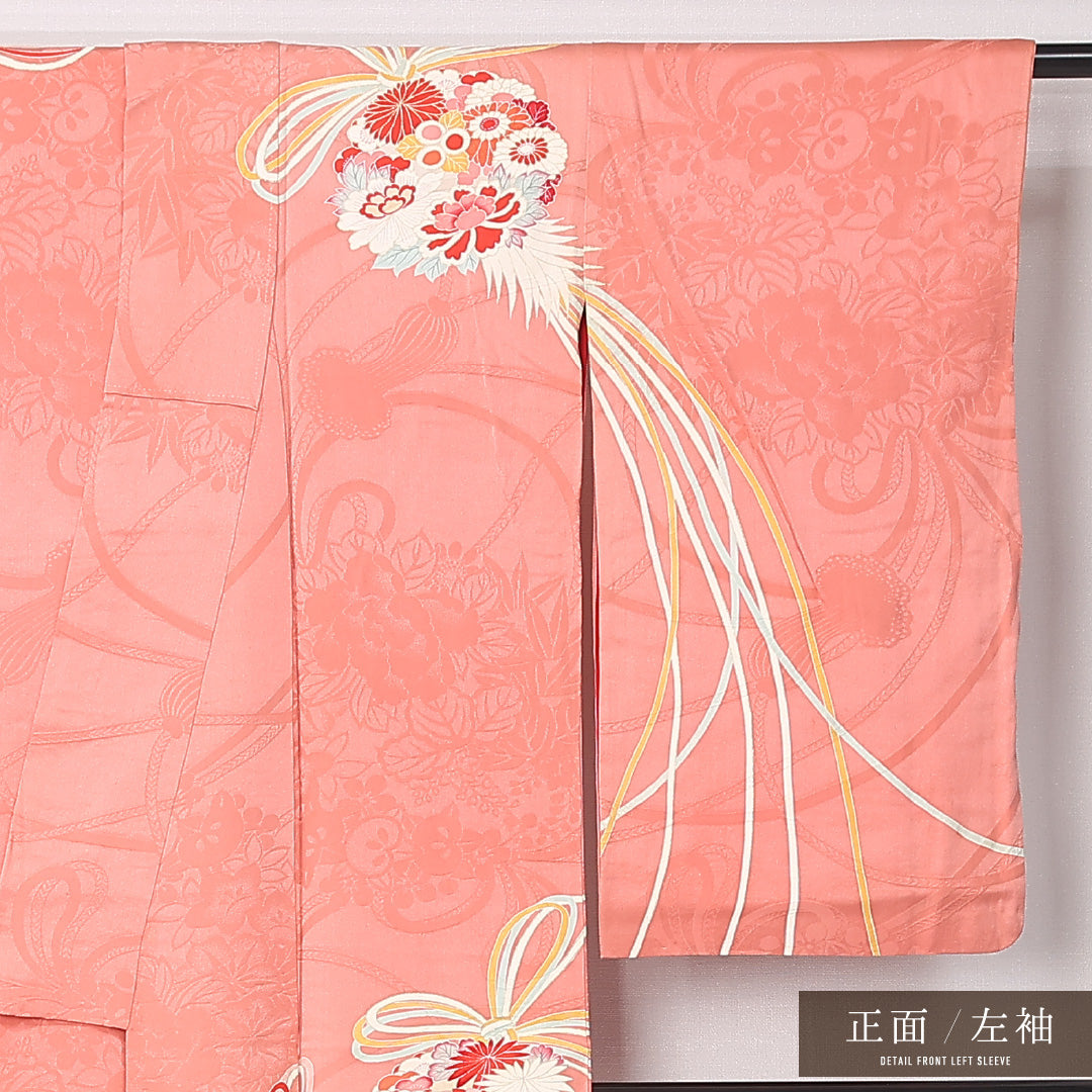 アンティーク 訪問着 (錦紗) 袷 身丈149cm 裄丈63cm 正絹 Aランク 一つ紋 (五三桐) 広衿 XSサイズ 薬玉 ピンク系 RP 1217-12445