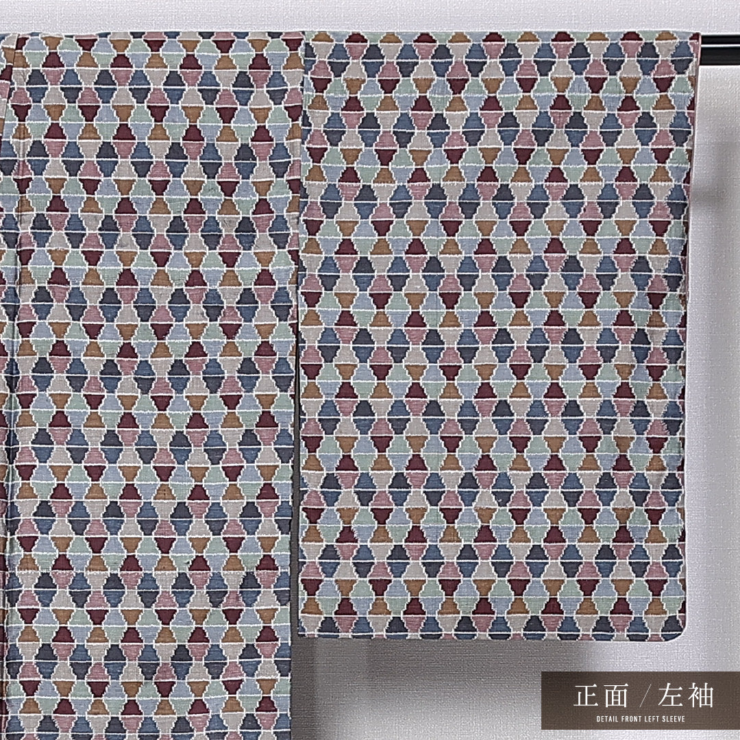 紬 袷 身丈160cm 裄丈63cm 正絹 Bランク カジュアル バチ衿 Lサイズ 創作柄 グレー系 RP 1223-11233