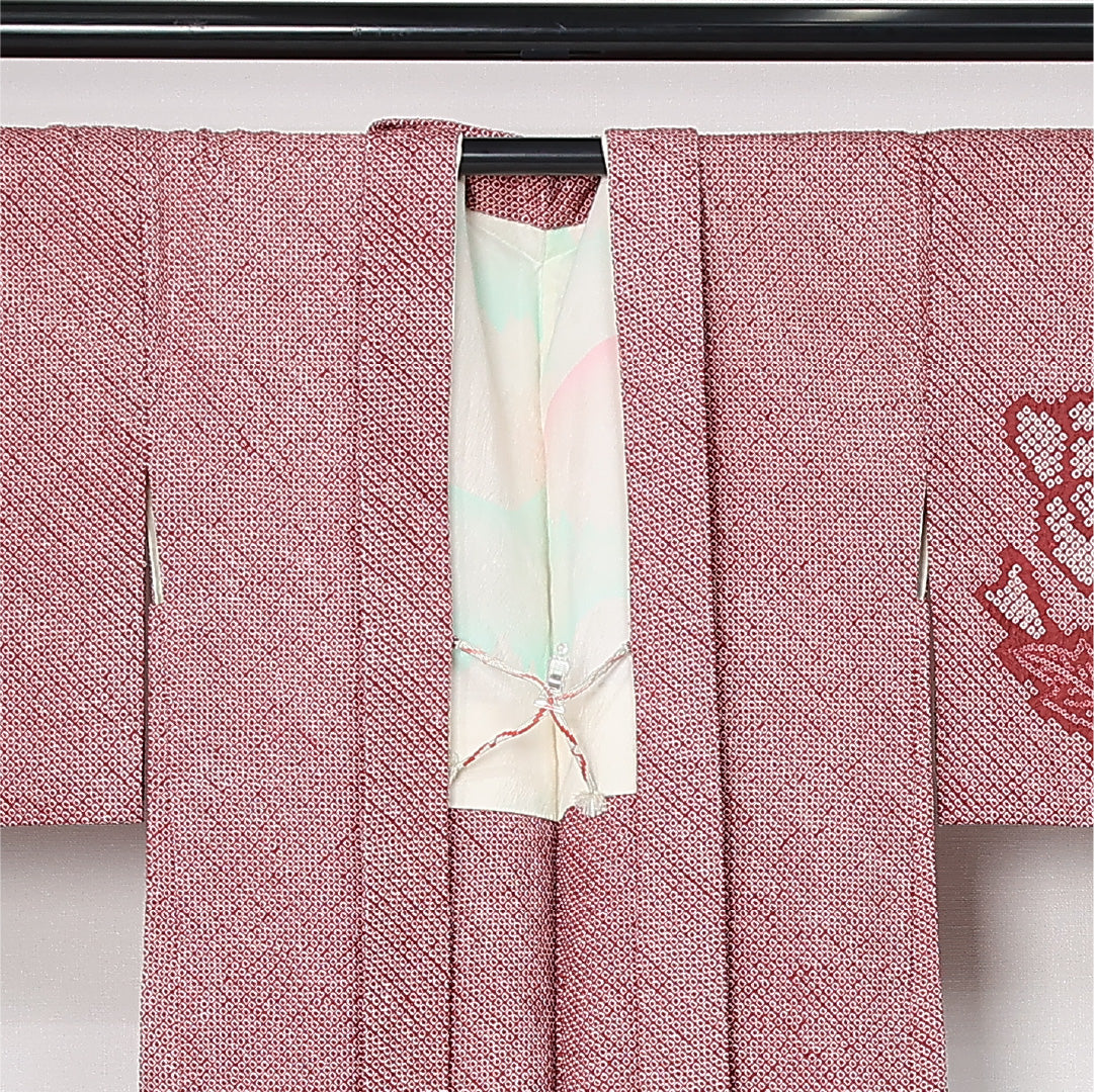 絵羽羽織 (総絞り) 袷 身丈80cm 裄丈65cm 正絹 Bランク インフォーマル Mサイズ 紐あり 花柄 赤系 LP 1234-12618