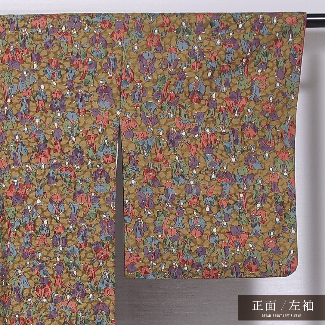 小紋 袷 身丈155cm 裄丈64cm 正絹 Aランク インフォーマル 広衿 Mサイズ 人物 花柄 緑系 HP 1221-11736