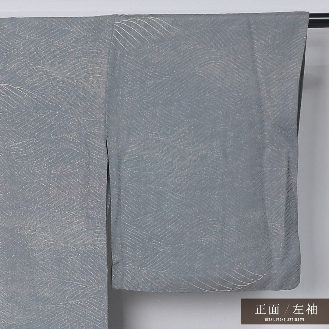 小紋 身丈156cm 裄丈65cm Sランク M 正絹 単衣 広衿 波 カジュアル グレー系 1215-12327